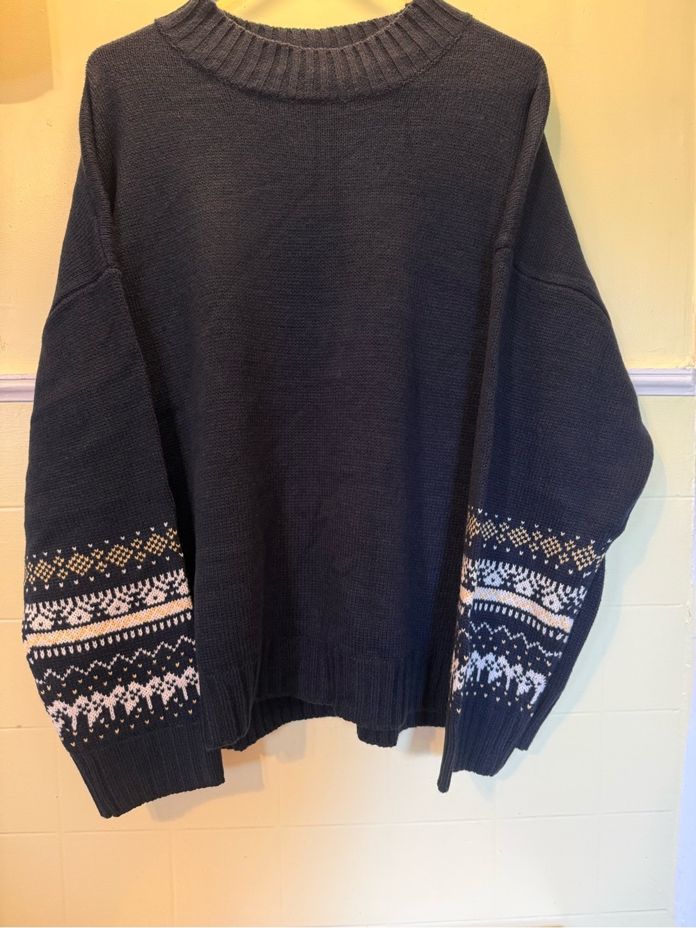 Women's Navy Crewneck Sweater with Patterned Sleeve Detail